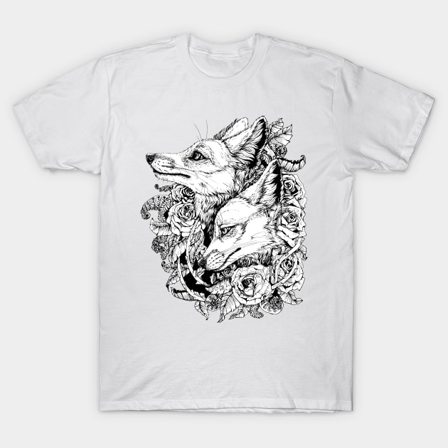 Fox Bloom - Black and White Sticker T-Shirt by Plaguedog